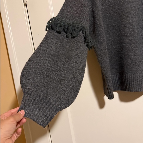 Gray Knit Sweater with Fringe Accents, Ballon Sleeves - Picture 2 of 4